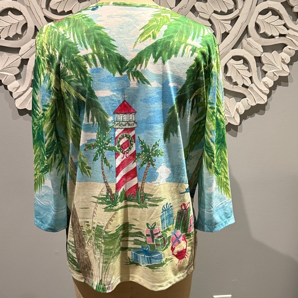 Vintage Coral Bay Christmas Lighthouse Tropical Print Women's Top XL excellent - Picture 4 of 11